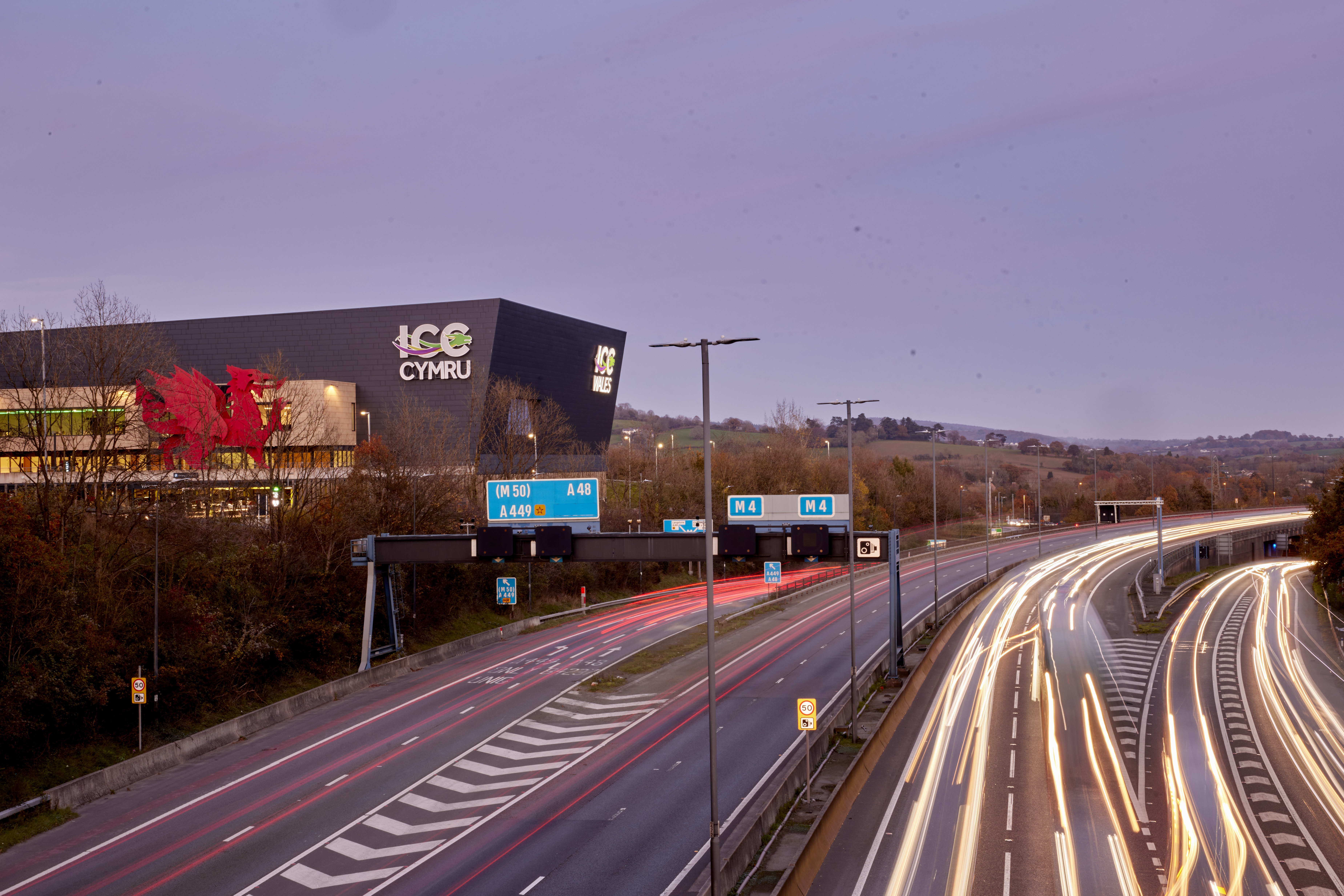 The exterior of ICC Wales in the evening, overlooking the motorway