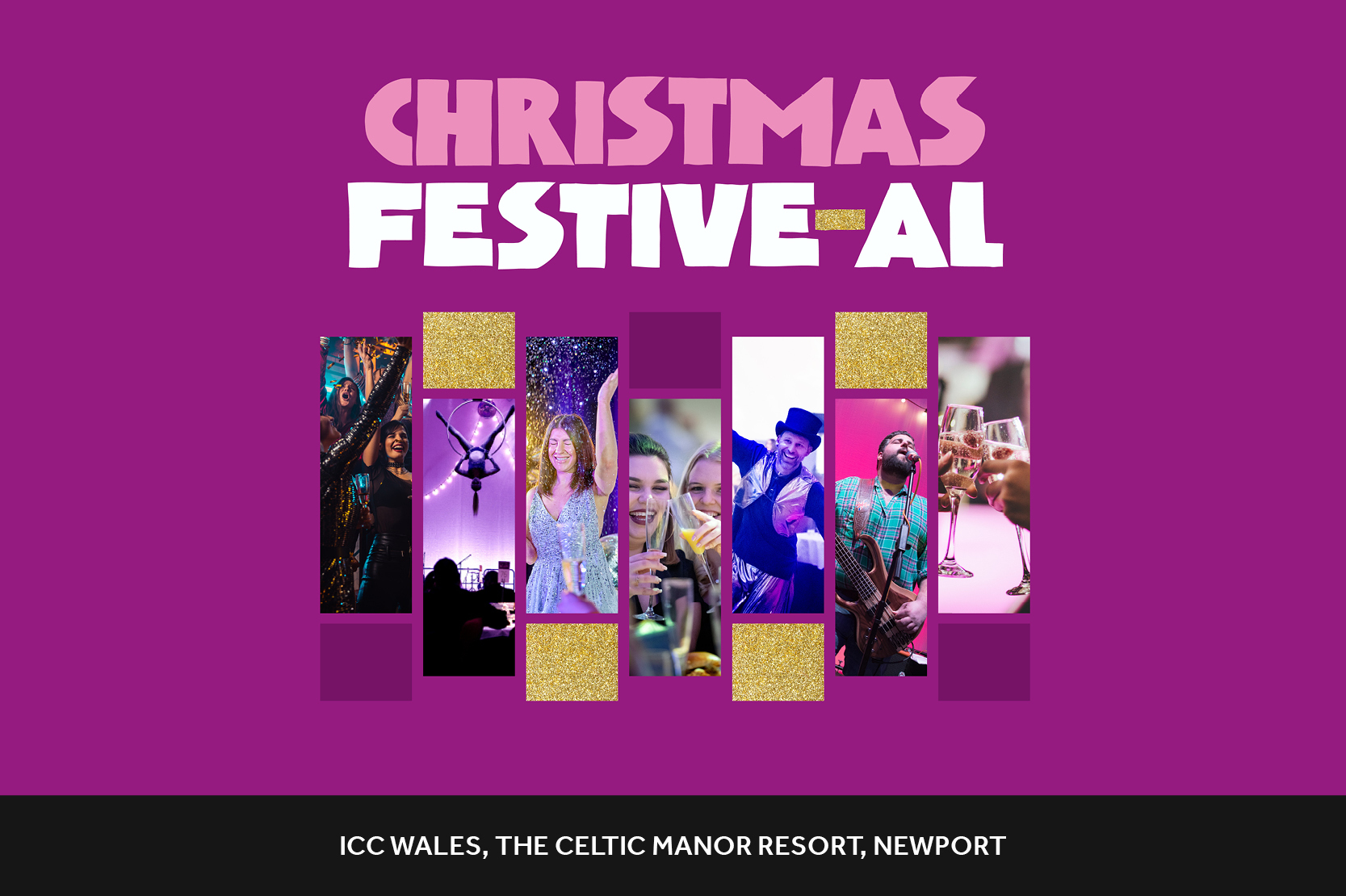 A collage of images for the Christmas festival, with images of people laughing and performers dancing and singing